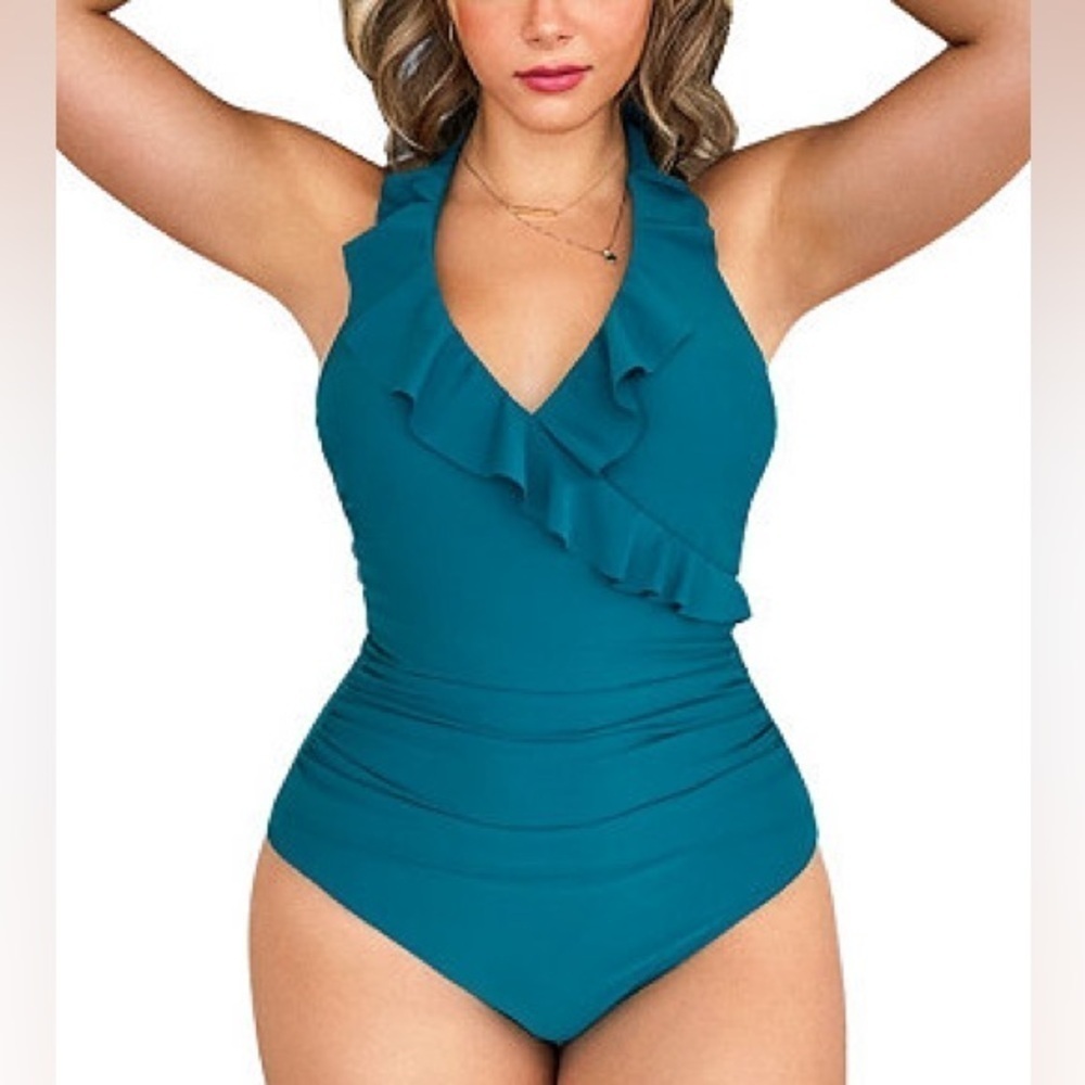 Cupshe Ruffled Blue Teal Halter One Piece Swimsuit Women’s US L